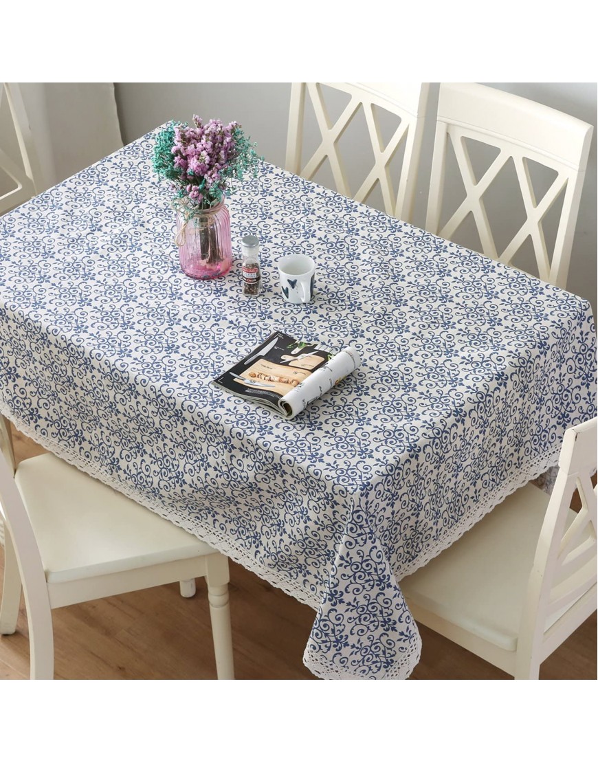 famibay Vintage Square Tablecloth,Everyday Kitchen Table Cloth Indoor Outdoor Decorative Macrame Lace Tablecloth Navy Blue Jacquard Damask Design 55 Inch x 55 Inch