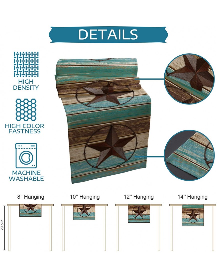 Farm Linen Cotton Table Runner Dresser Scarves Western Texas Stars Rectangle Tablecloths for Farmhouse Kitchen Dining Wedding Picnic Party 13x70in Teal Brown Blue Wood