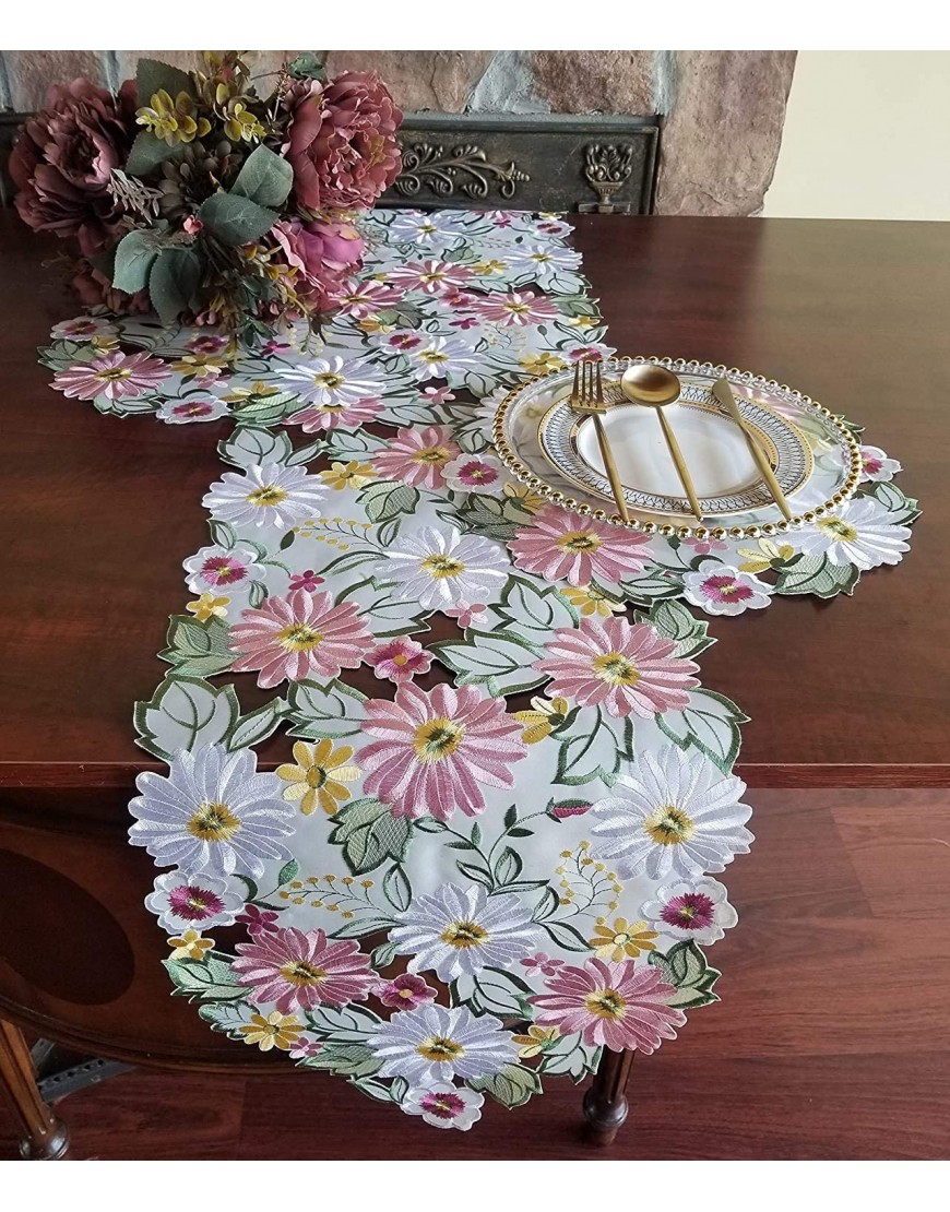 GRANDDECO Spring Daisy Table Runner,Cutwork Embroidered Flowery Table Linen Home Kitchen Dining Tabletop Decoration Runner 13×83 Spring Color