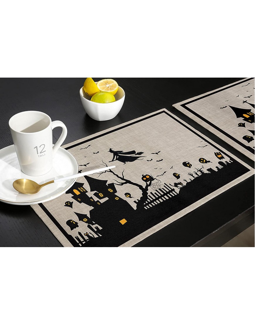 Halloween House Placemat Set of 4 Haunted House Pumpkins Farmhouse Place Mats Non-Slip Heat-Insulated Witch Castle Table Mats Washable Linen Kitchen Placemats for Dining Table Scary Movie Nights