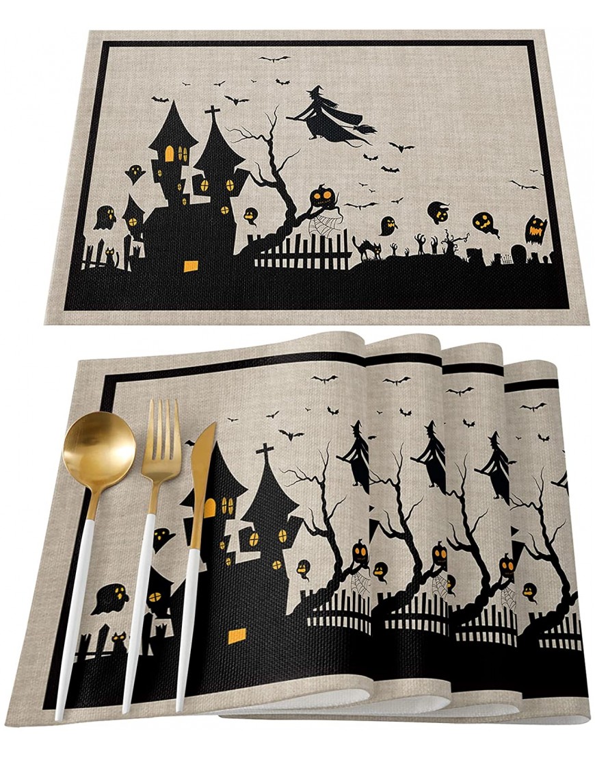 Halloween House Placemat Set of 4 Haunted House Pumpkins Farmhouse Place Mats Non-Slip Heat-Insulated Witch Castle Table Mats Washable Linen Kitchen Placemats for Dining Table Scary Movie Nights