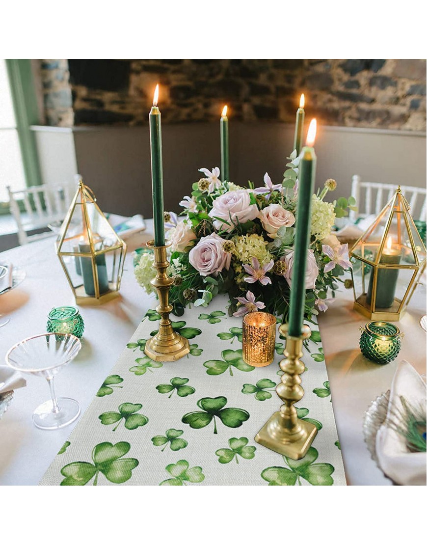 Happy St. Patrick's Day Table Runner Lucky Clover Dresser Scarf Tablecloth Welcome Spring Shamrock Texture and Gnome Cotton Linen Table Runner for Parties Kitchen Dinner Home Decor