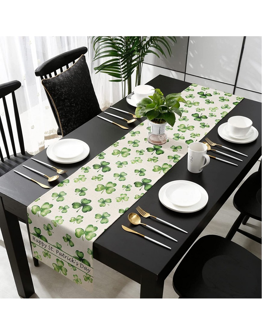 Happy St. Patrick's Day Table Runner Lucky Clover Dresser Scarf Tablecloth Welcome Spring Shamrock Texture and Gnome Cotton Linen Table Runner for Parties Kitchen Dinner Home Decor