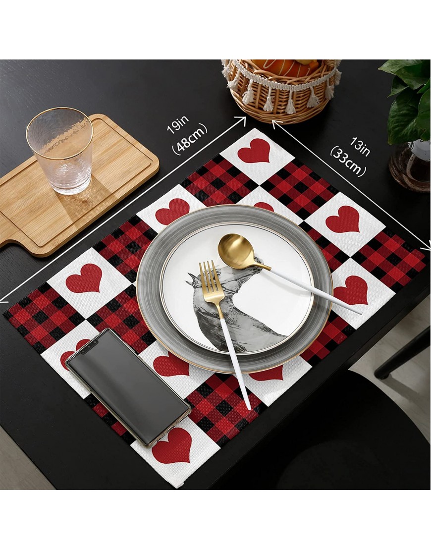 Happy Valentine's Day Placemats Set of 6,LOVE Heart Shape Black Red Buffalo Plaid Heat-Resistant Placemats for Dining Table,Cotton Linen Non-Slip Place Mats for Farmhouse Banquet Kitchen Table Decor