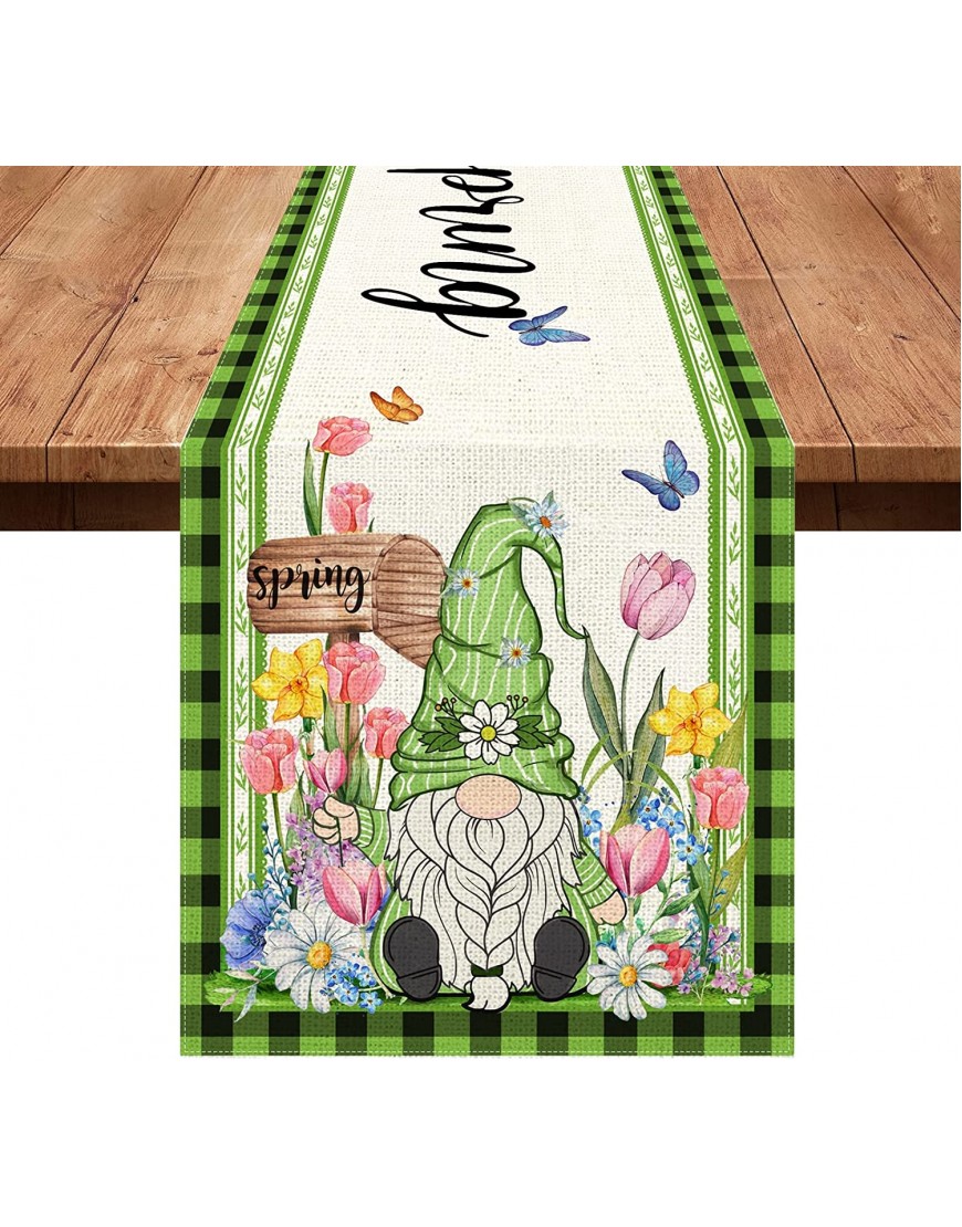 Hexagram Spring Table Runners 13x72 Inches for Coffee Table Gnomes Linen Burlap Spring Table Runner for Kitchen Rustic Holiday Parties,Seasonal Spring Kitchen Decor for Dinnng Room