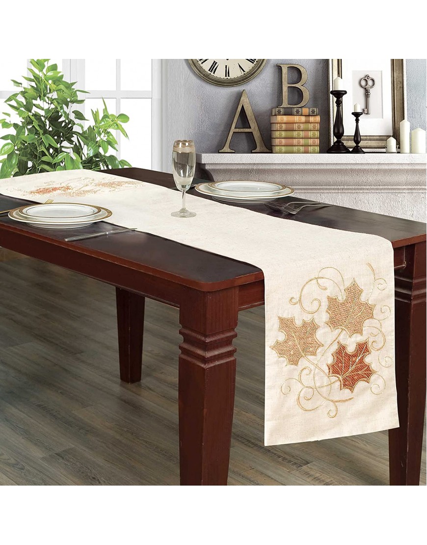 HIRUN ARTWORK Table Runner Farmhouse Style Linen Table Runner Embroidered Maple Leaf Decorative Polyester Tablecloth for Kitchen Dining and Picnic 14 x 72 Inch