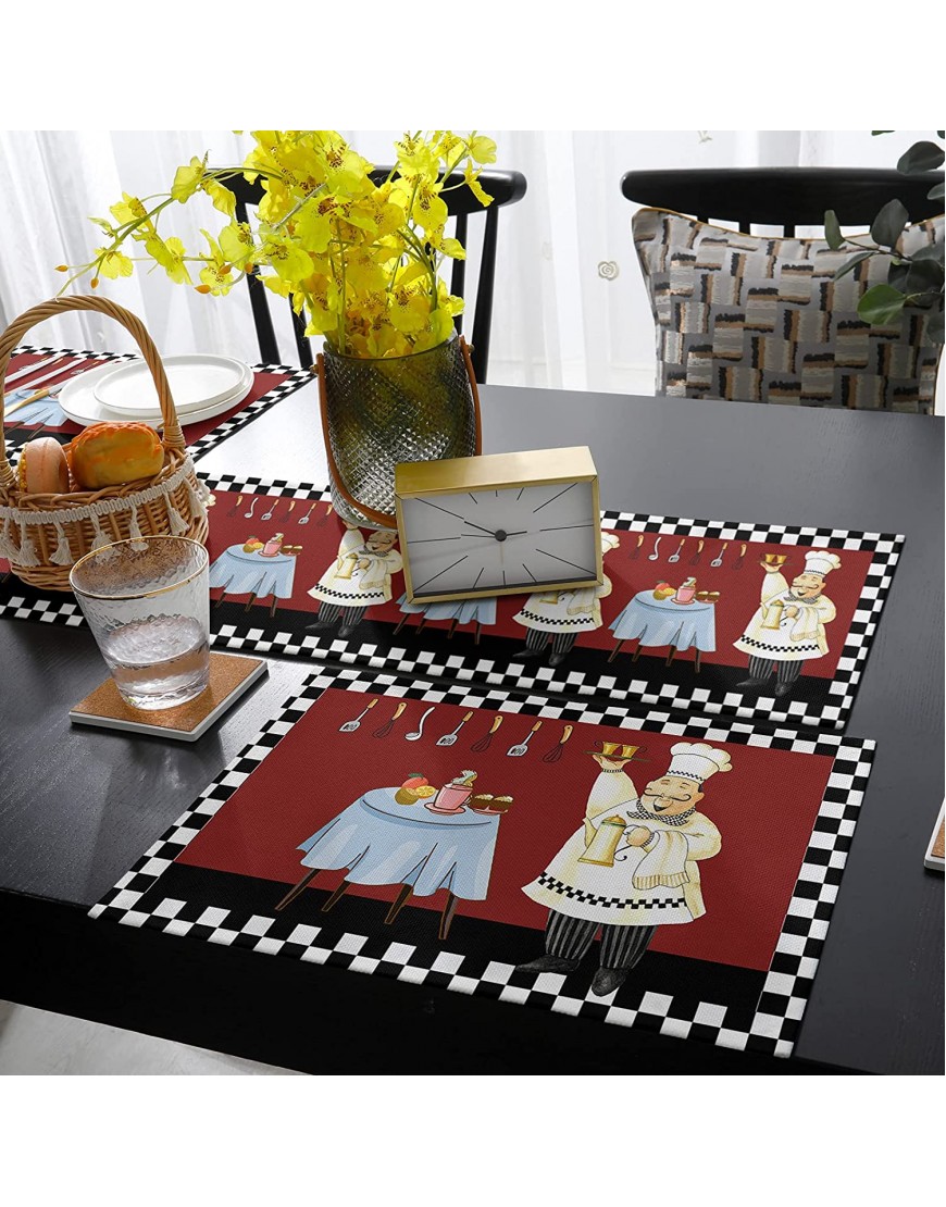 Kitchen Cotton Linen Placemats with Matching Table Runner Cheerful Fat Chef Heat-Proof Burlap Runner Table Mats for Dining Table Parties Wedding Events Decor
