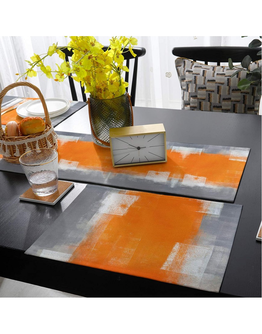 LaBLUUX Table Runner with 6 Place Mats Orange and Grey Abstract Art Texute Cotton-Linen Dining Mat Sets Heat Resistant Washable Placemat for Dining Table Kitchen Living Room Office Picnic 13x90 Inch