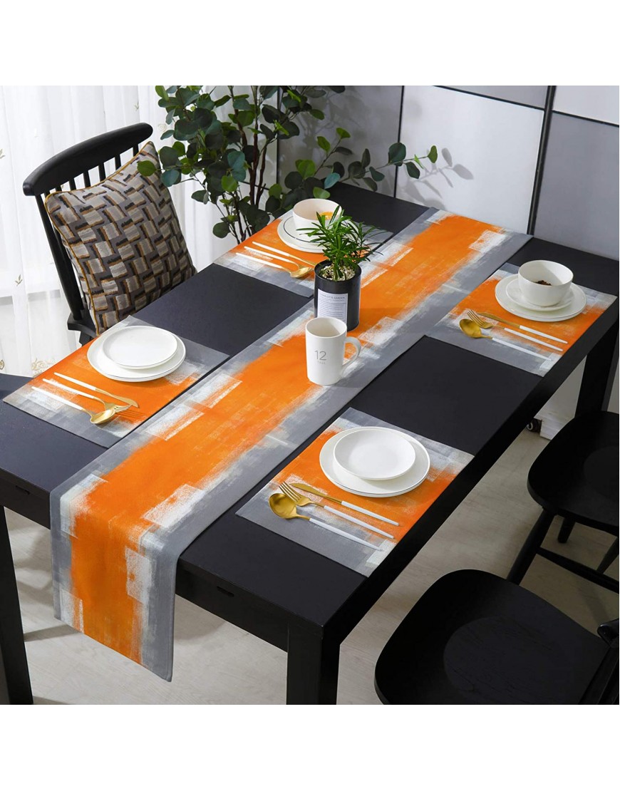 LaBLUUX Table Runner with 6 Place Mats Orange and Grey Abstract Art Texute Cotton-Linen Dining Mat Sets Heat Resistant Washable Placemat for Dining Table Kitchen Living Room Office Picnic 13x90 Inch
