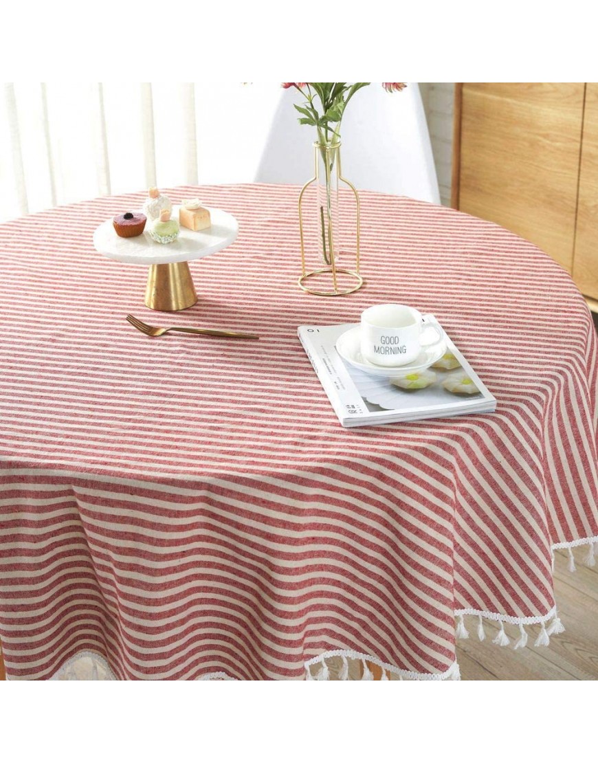 Lahome Stripe Tassel Tablecloth Cotton Linen Table Cover Kitchen Dining Room Restaurant Party Decoration Round 60" Red