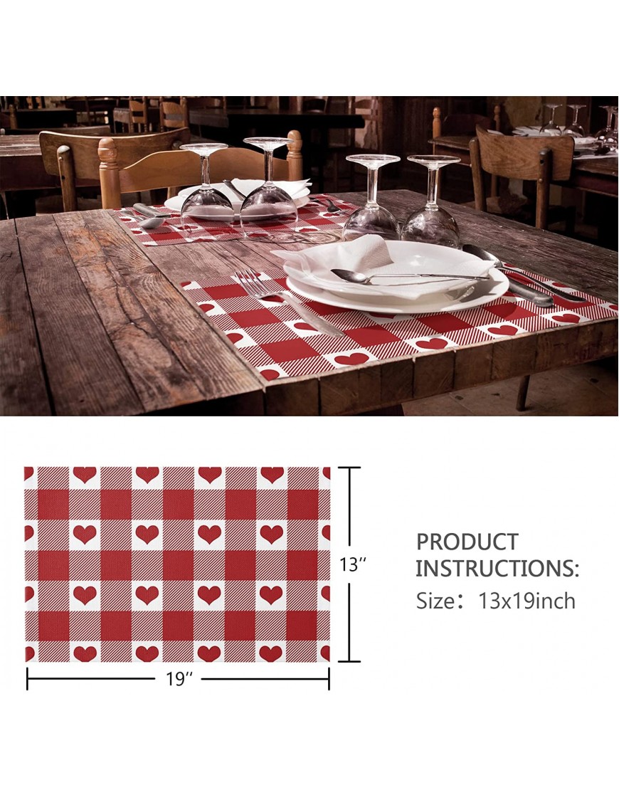 MACONAA Valentines Day Placemats for Dining Table Set of 4 Heart Placemat Cotton Linen Place Mats for Kitchen Dining Non Slip Durable Washable Table Mats Red Placemats Checkered Decor 13x19