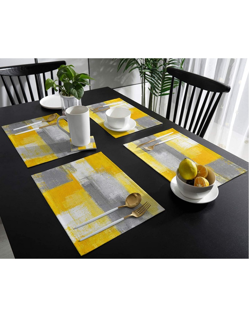 MACONAA Yellow and Grey Placemats for Dining Table Abstract Graffiti Oil Painting Cotton Linen Place Mats for Kitchen Dining Non Slip Durable Washable Table Mats 13''x19'' Table Decor 4PCS