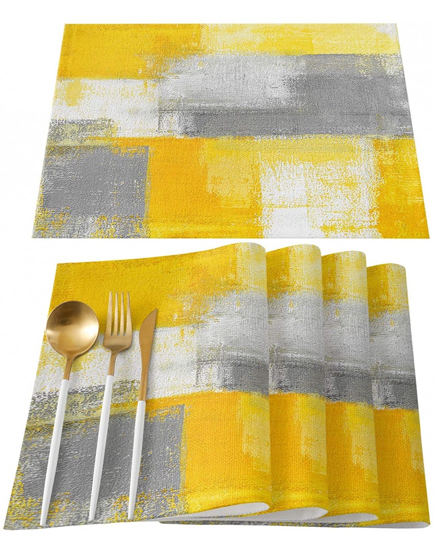 MACONAA Yellow and Grey Placemats for Dining Table Abstract Graffiti Oil Painting Cotton Linen Place Mats for Kitchen Dining Non Slip Durable Washable Table Mats 13''x19'' Table Decor 4PCS