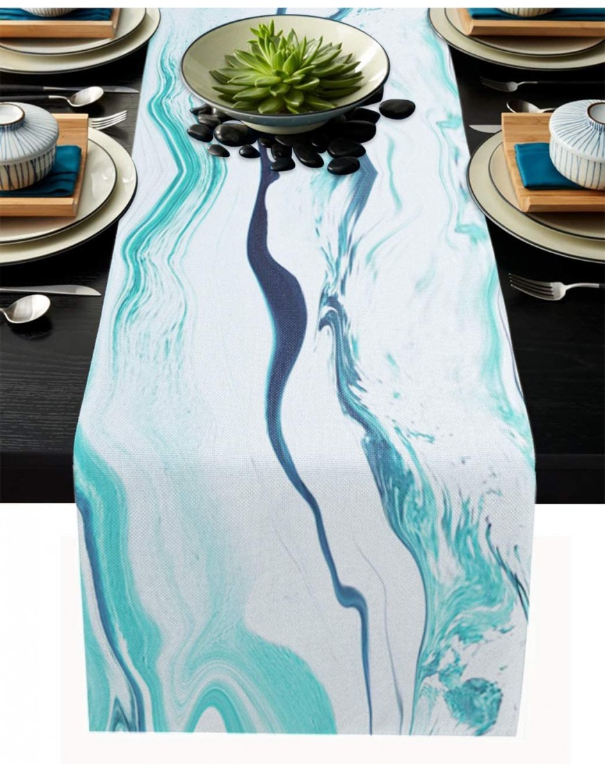 Modern Table Runner-Cotton Linen-Long 90 Inch Teal TextuRed Abstract Liquid Marble Pattern Dresser Scarves,Farmhouse Kitchen Coffee Dining Bedroom Living Room Tablerunner,Holiday Dinner Scarf Décor