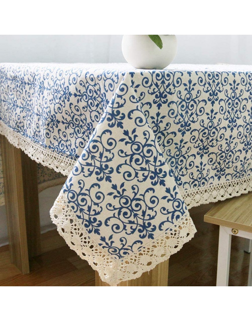 Navy Blue Damask Lace Rectangle Tablecloth Cotton Linen Table Cover for Kitchen Dinning Party Tabletop Oblong 55 x 70 Inch