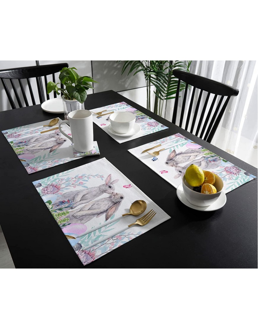 Placemats Set of 4 Easter Bunny Placemats for Dining Table Watercolor Spring Rabbit Floral Cotton and Linen Table Mats Washable for Kitchen Party Wedding Decor 13 x 19 Inches
