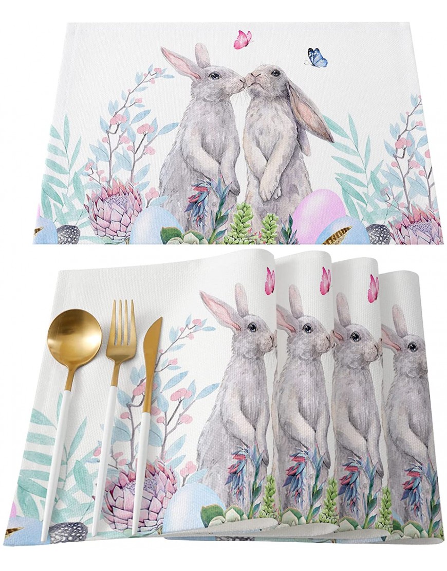 Placemats Set of 4 Easter Bunny Placemats for Dining Table Watercolor Spring Rabbit Floral Cotton and Linen Table Mats Washable for Kitchen Party Wedding Decor 13 x 19 Inches