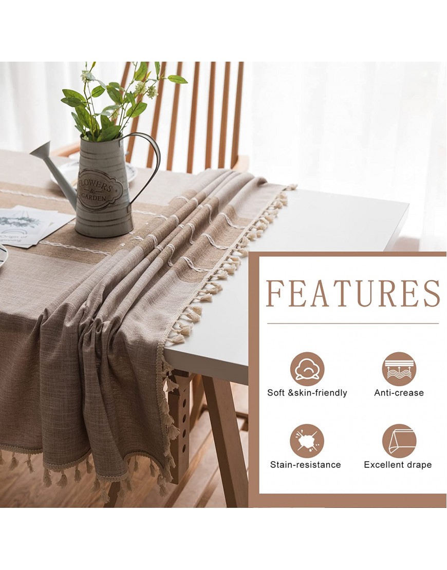 Rustic Farmhouse Style Tablecloth for Rectangle Tables Wrinkle-Free Anti-Shrink Decorative Table Cloth with Tassel Cotton Linen Table Cover for Kitchen Dining 55x102 Inch Brown