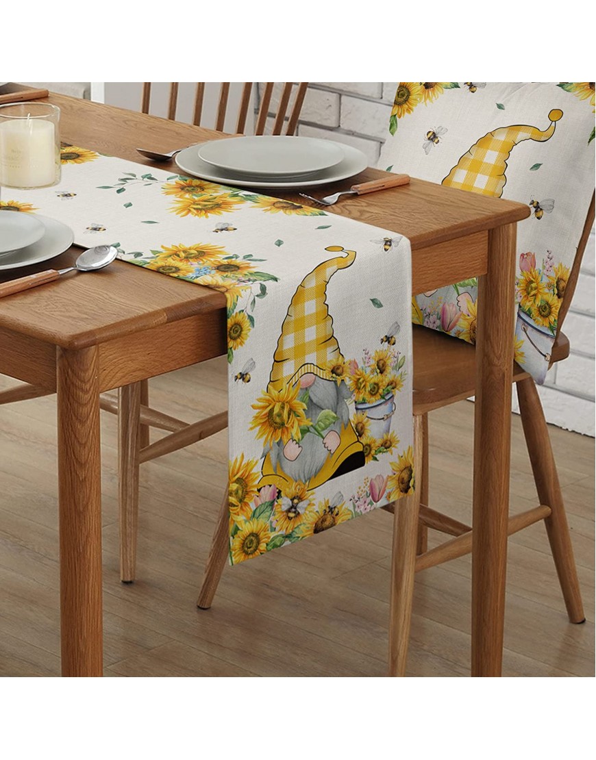 Rustic Sunflower Table Runners 90 Inches Long Linen Burlap Table Runners for Farmhouse Kitchen Wedding Dinner Party Farm Sweet Gnome Floral Bee Table Runner Dresser Scarves Heat-Resistant Table Cloth