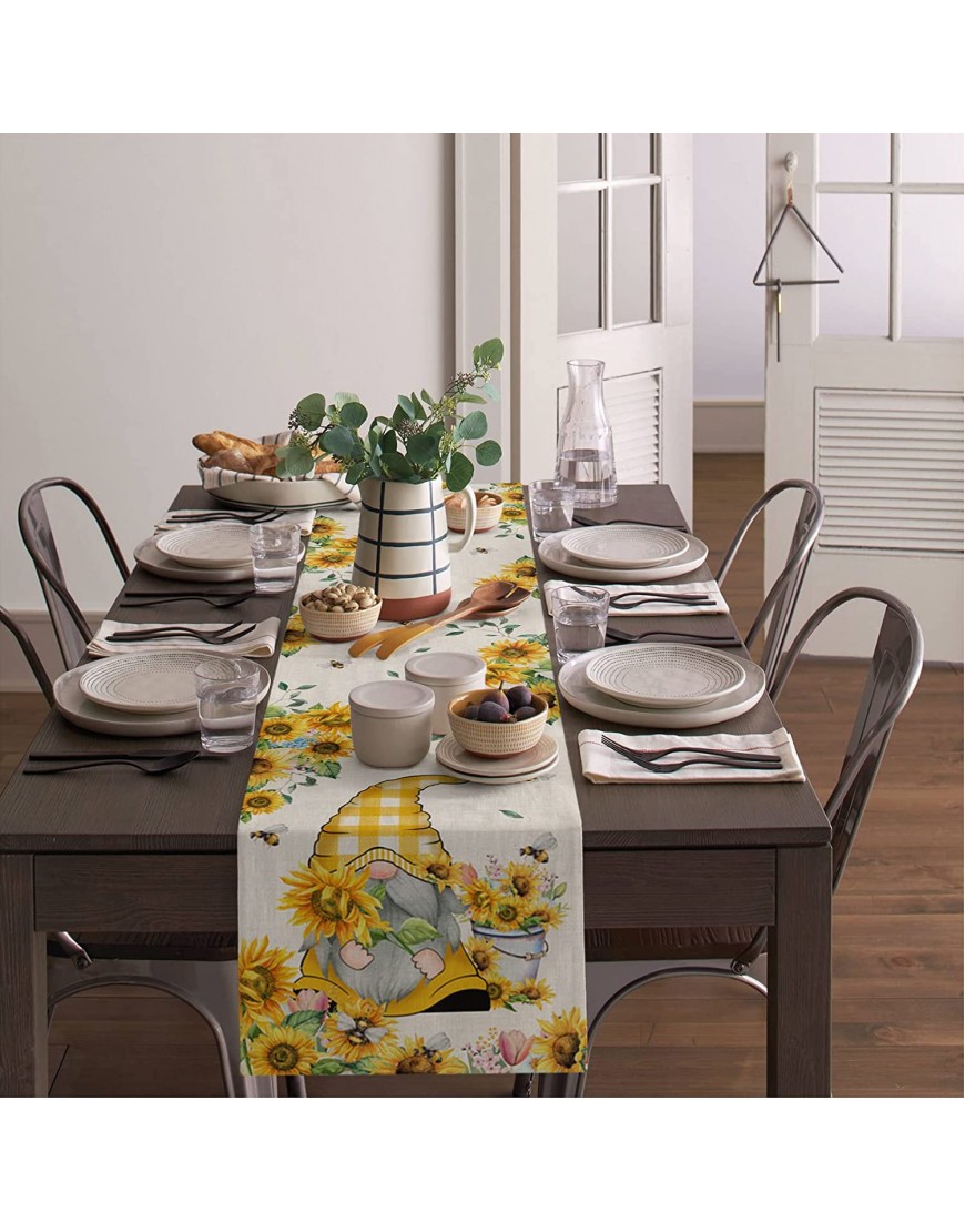 Rustic Sunflower Table Runners 90 Inches Long Linen Burlap Table Runners for Farmhouse Kitchen Wedding Dinner Party Farm Sweet Gnome Floral Bee Table Runner Dresser Scarves Heat-Resistant Table Cloth