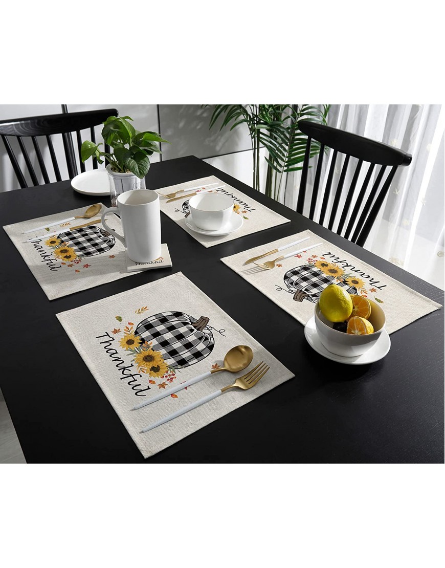 SIMIGREE Thanksgiving Placemats for Dining Table Set of 6 Cotton Linen Table Mats Non-Slip Washable Kitchen Placemats for Adults Kids Fall Pumpkin with Black Buffalo Plaids Print Sunflowers