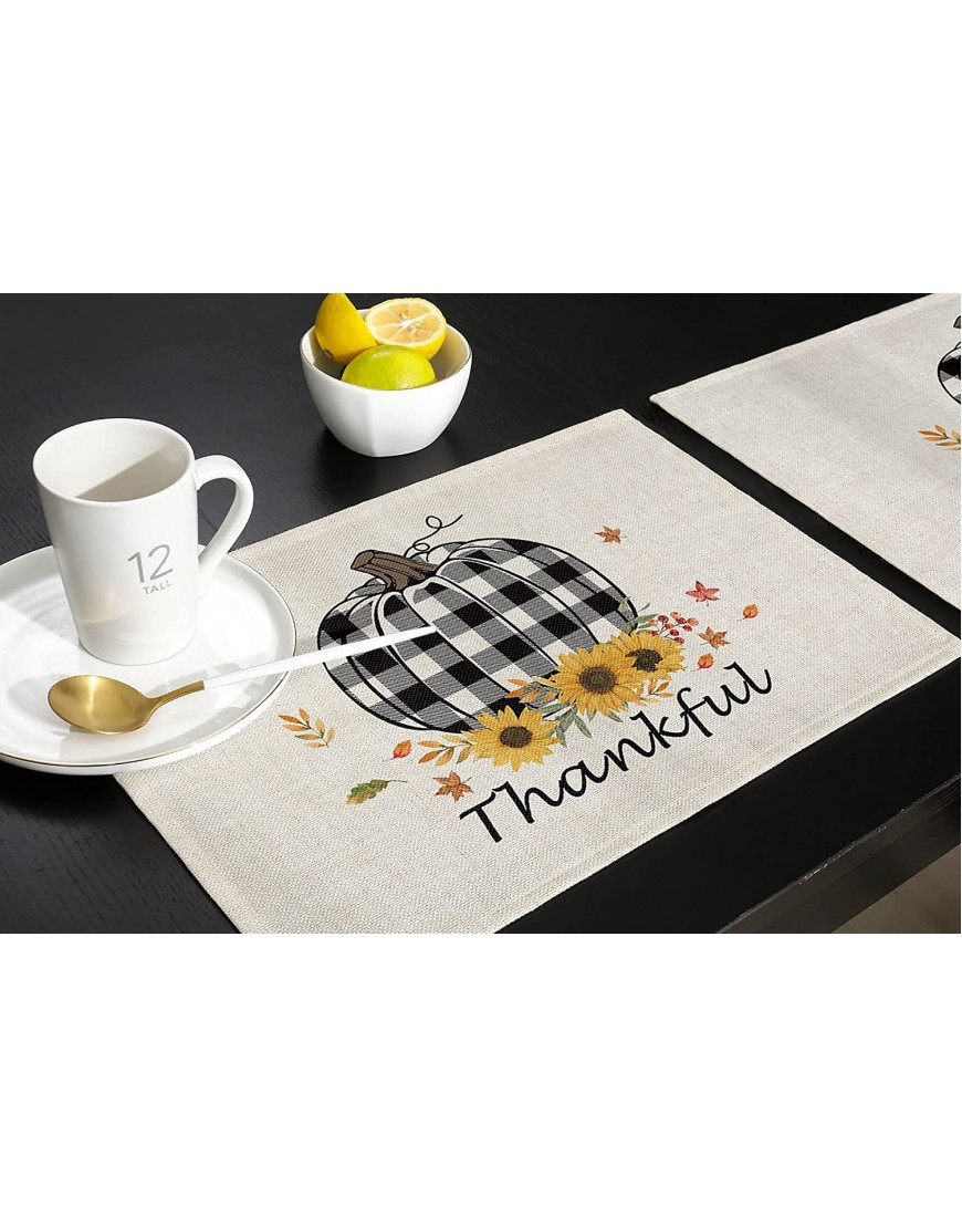 SIMIGREE Thanksgiving Placemats for Dining Table Set of 6 Cotton Linen Table Mats Non-Slip Washable Kitchen Placemats for Adults Kids Fall Pumpkin with Black Buffalo Plaids Print Sunflowers