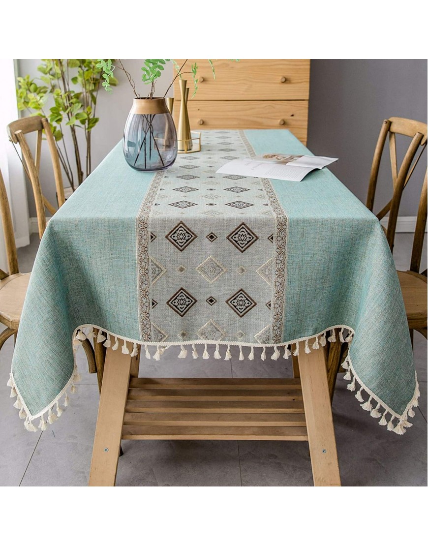 Stitching Tassel Square Tablecloth Heavy Weight Cotton Linen Table Cover for Dining Room Kitchen Home Tabletop Decoration 55 x 55 Inch Green