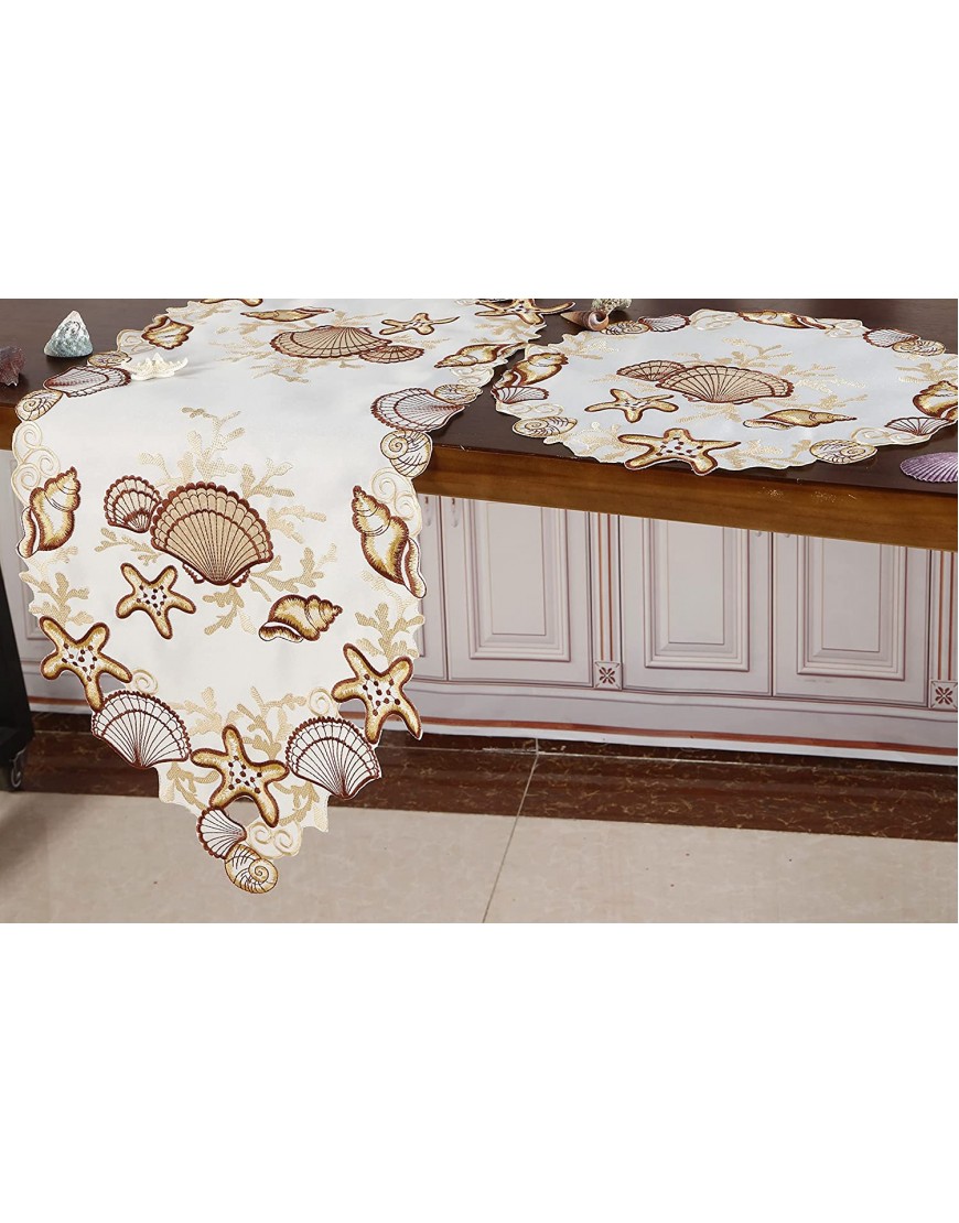 Summer Table Runner Applique Embroidered with Cut-Work Seashell Beach Table Linen Home Kitchen Dining Tabletop Decoration Rectangle Runner 13×68（33x172cm） Brown