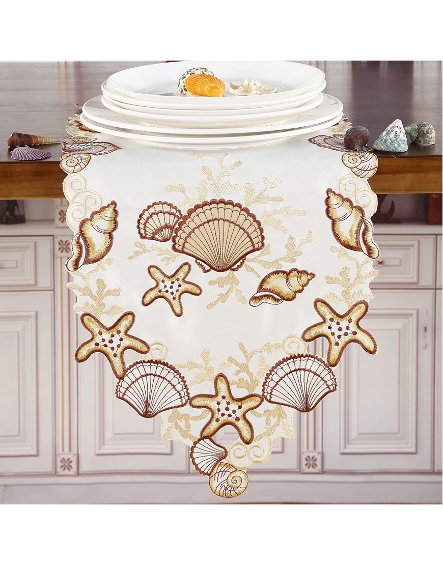 Summer Table Runner Applique Embroidered with Cut-Work Seashell Beach Table Linen Home Kitchen Dining Tabletop Decoration Rectangle Runner 13×68（33x172cm） Brown