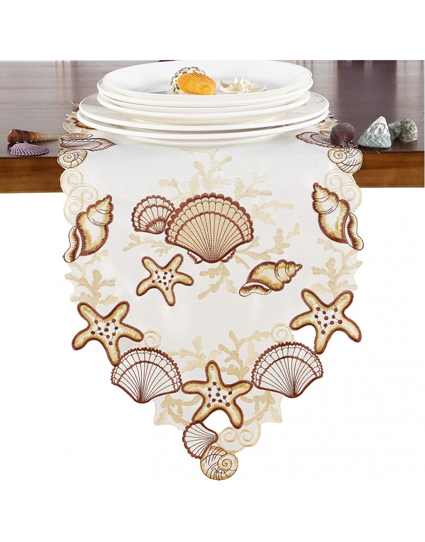 Summer Table Runner Applique Embroidered with Cut-Work Seashell Beach Table Linen Home Kitchen Dining Tabletop Decoration Rectangle Runner 13"×68"（33x172cm） Brown