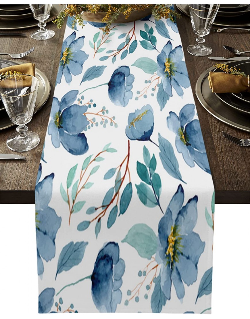 Table Runner Summer Blue Floral Green Leaf Cotton Linen Burlap Table Cover Watercolor Flower Plant Seamless,Dresser Scarf Table Runners for Kitchen Dining Room Holiday Party Decor 14x72In