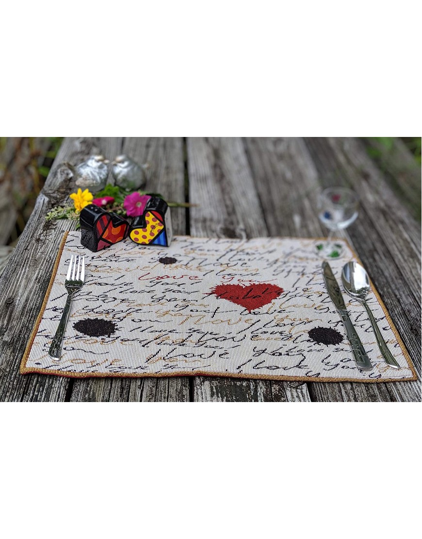 Tache Romantic Cursive Handwritten Love Letter Valentine Hearts Beige Placemat Vintage Farmhouse Woven Tapestry Kitchen Dining Dinner Table Linen Napery Place Mat Set of 4