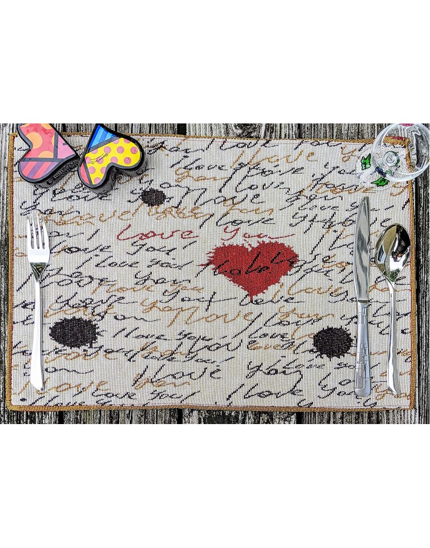 Tache Romantic Cursive Handwritten Love Letter Valentine Hearts Beige Placemat Vintage Farmhouse Woven Tapestry Kitchen Dining Dinner Table Linen Napery Place Mat Set of 4