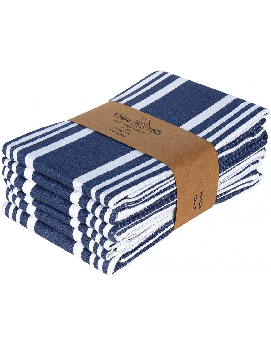 Urban Villa Set of 6 Kitchen Towels Highly Absorbent 100% Cotton Dish Towel 20X30 Inch with Mitered Corners Trendy Stripes Indigo Blue White Bar Towels & Tea Towels