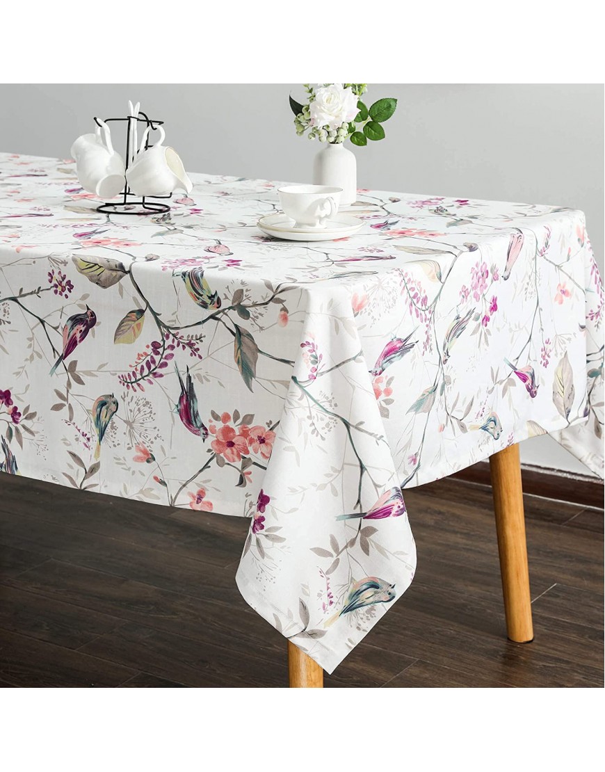VOGOL Linen Rectangle Tablecloth 52 x 102 Inch Birds and Floral Print Country Style Durable Dust-Proof Table Cloth Washable Stain Proof Table Cover for Kitchen Dining Table Decorations