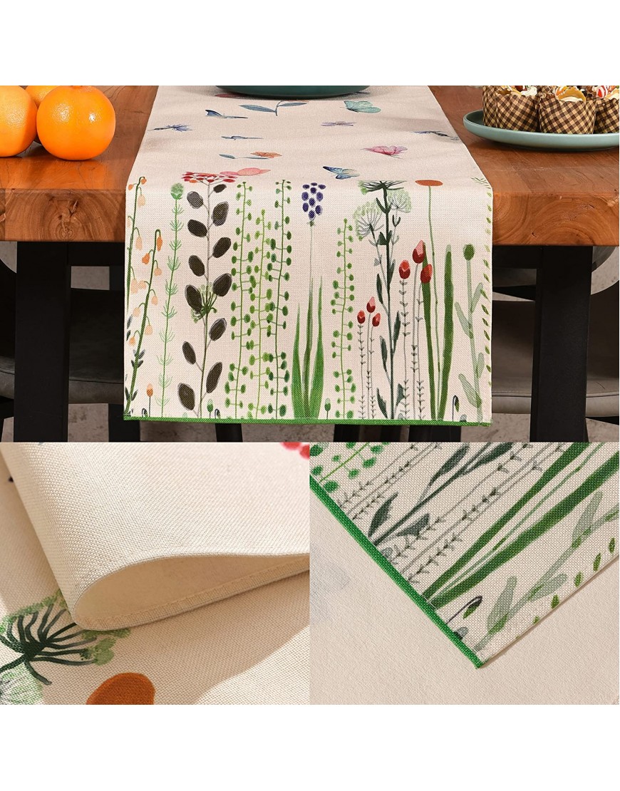 Winotic Table Runner 13 x 72 Inches Long Spring Summer Decoration Flower Butterfly Grass Farmhouse Style Green Table Linen for Kitchen Dining Coffee Table Parties Wedding Home Decor 13x72 Cream