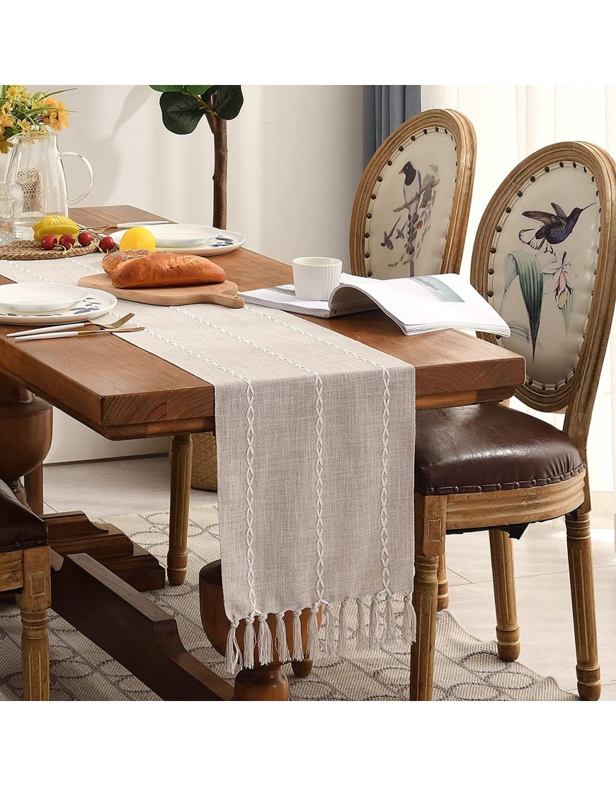 Wracra Rustic Linen Table Runner Farmhouse Style Table Runners 72 inches Long Embroidered Table Runner with Hand-Tassels for Party Dresser Decor and Dining Room DecorationsLight Coffee 13×72