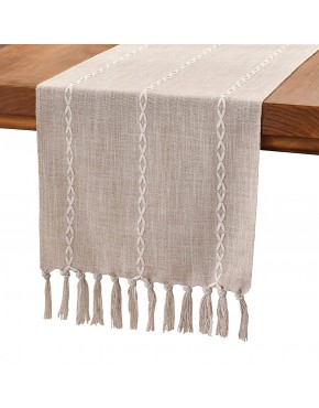 Wracra Rustic Linen Table Runner Farmhouse Style Table Runners 72 inches Long Embroidered Table Runner with Hand-Tassels for Party Dresser Decor and Dining Room DecorationsLight Coffee 13"×72"