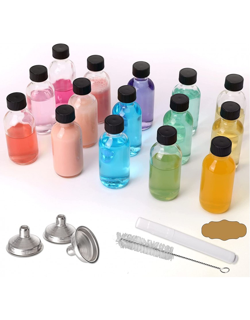 15 Pack 2 oz Small Glass Bottles with Airtight Lids 60 ml Empty Clear Sample Boston Bottle Vials Containers for Juice Ginger Shots Potion Oils Liquids Bonus 24 Sticky Labels Brush 3Funnels