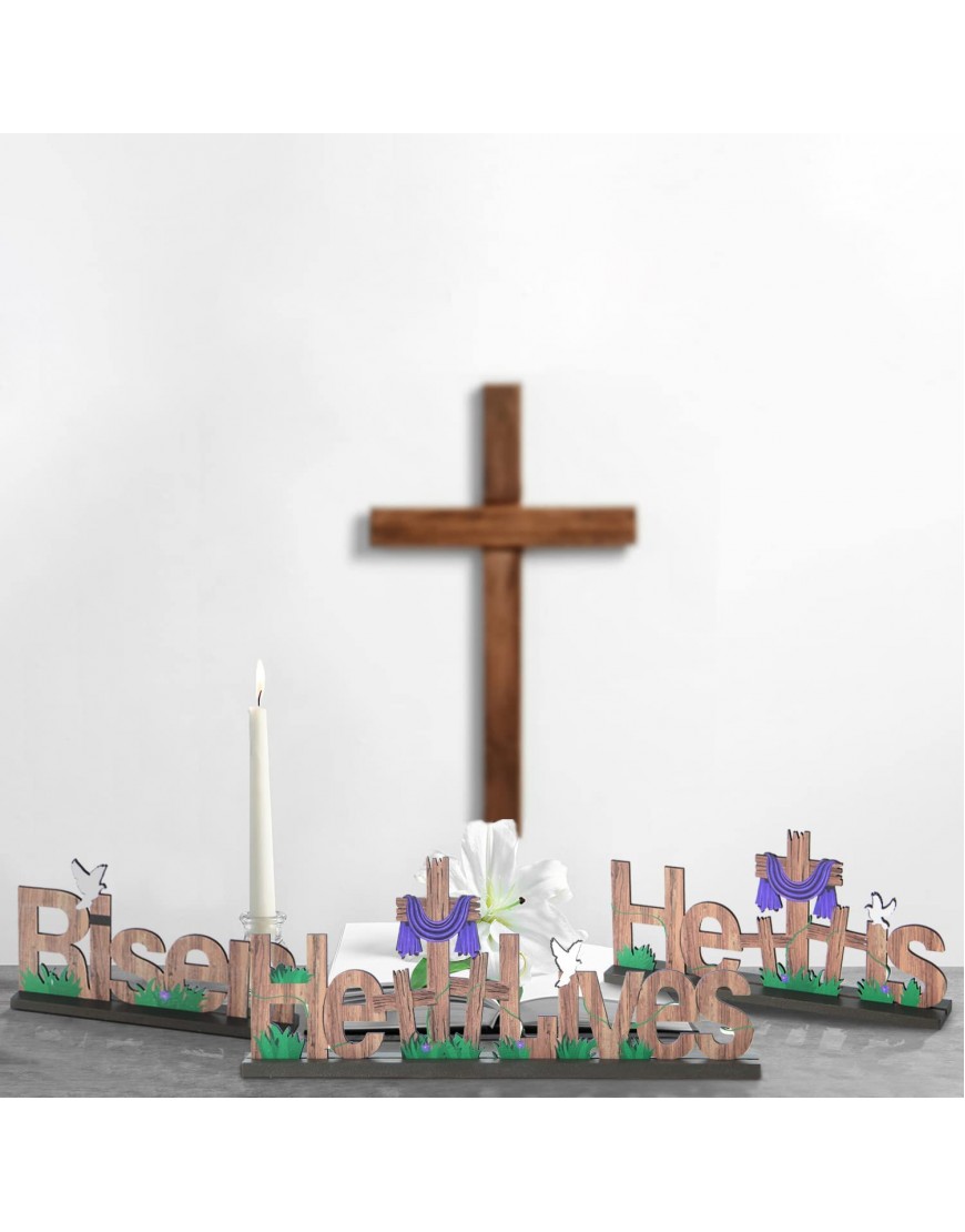 3 Pcs Easter Religious He is Risen Tabletop Decorations,Wooden Rustic Jesus Cross He is Risen He Lives Sign Inspirational Table Centerpiece for Easter Religious Party Dinner Coffee Bar Tabletop Decor