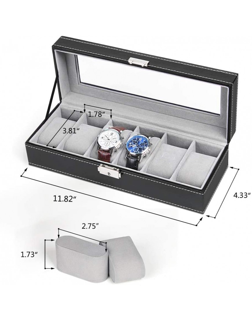 6 Slot Leather Watch Box Display Case Organizer Glass Jewelry Storage Black