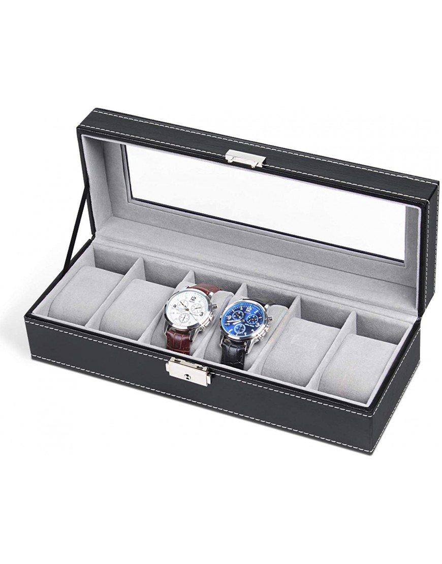 6 Slot Leather Watch Box Display Case Organizer Glass Jewelry Storage Black