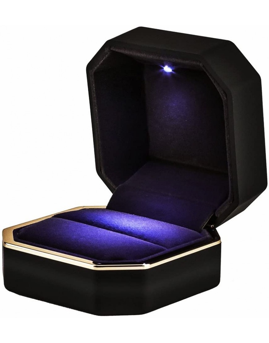 AVESON Luxury Ring Box Square Velvet Wedding Ring Case Jewelry Gift Box with LED Light for Proposal Engagement Wedding Black