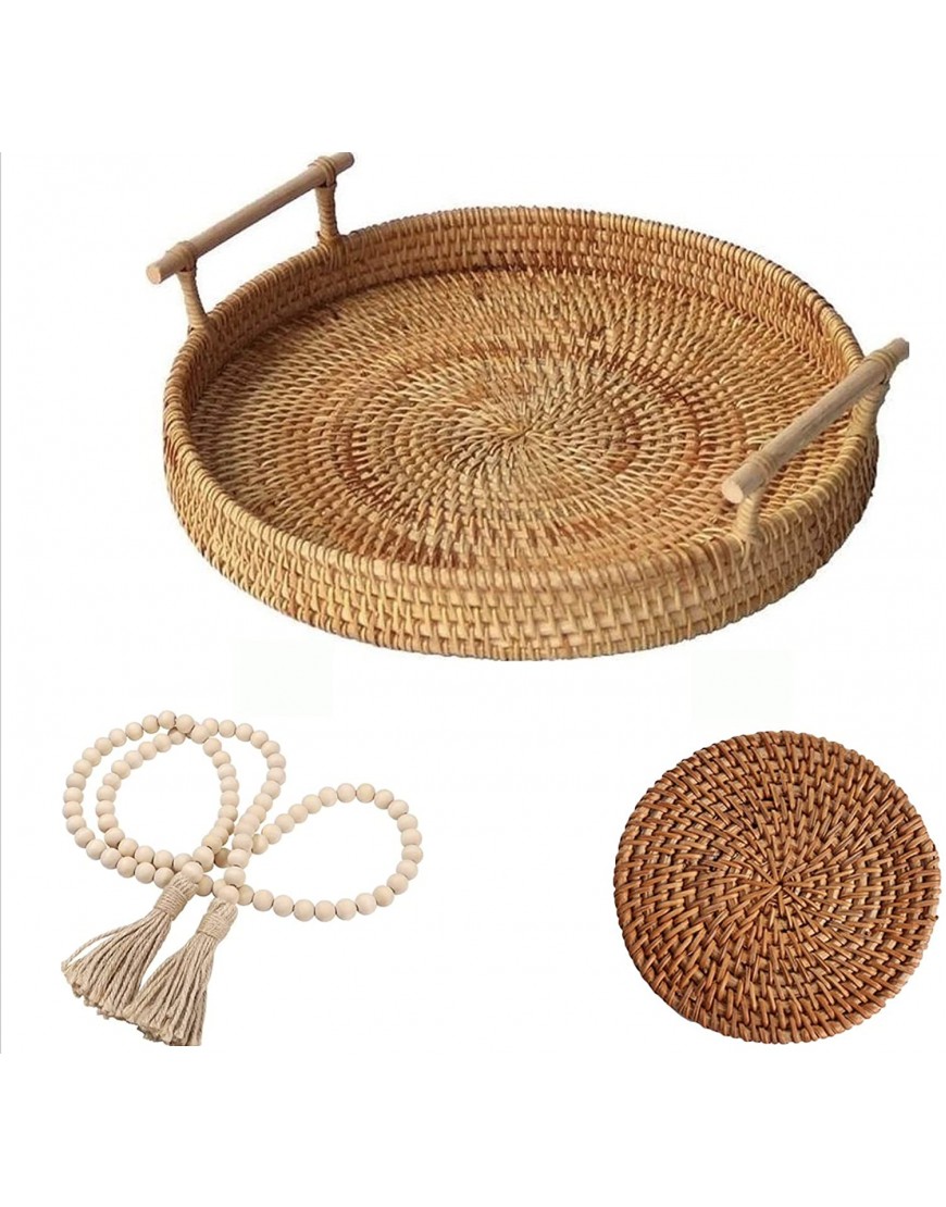 Coffee Table Decorative Tray | Hand Woven Wicker Serving Tray with Handles | Rattan Tray Basket | Drink Ottoman Tray | Wooden Round Tray | Boho Farmhouse Decor | for Living Room Circle 11 inch