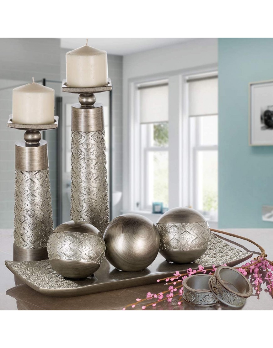 Dublin Decorative Tray and Orbs Balls Set Centerpiece Bowl with Balls Decorations Matching Rustic Decorated Spheres Kit for Living Room Dining Room or Coffee Table Gift Boxed Brushed Silver