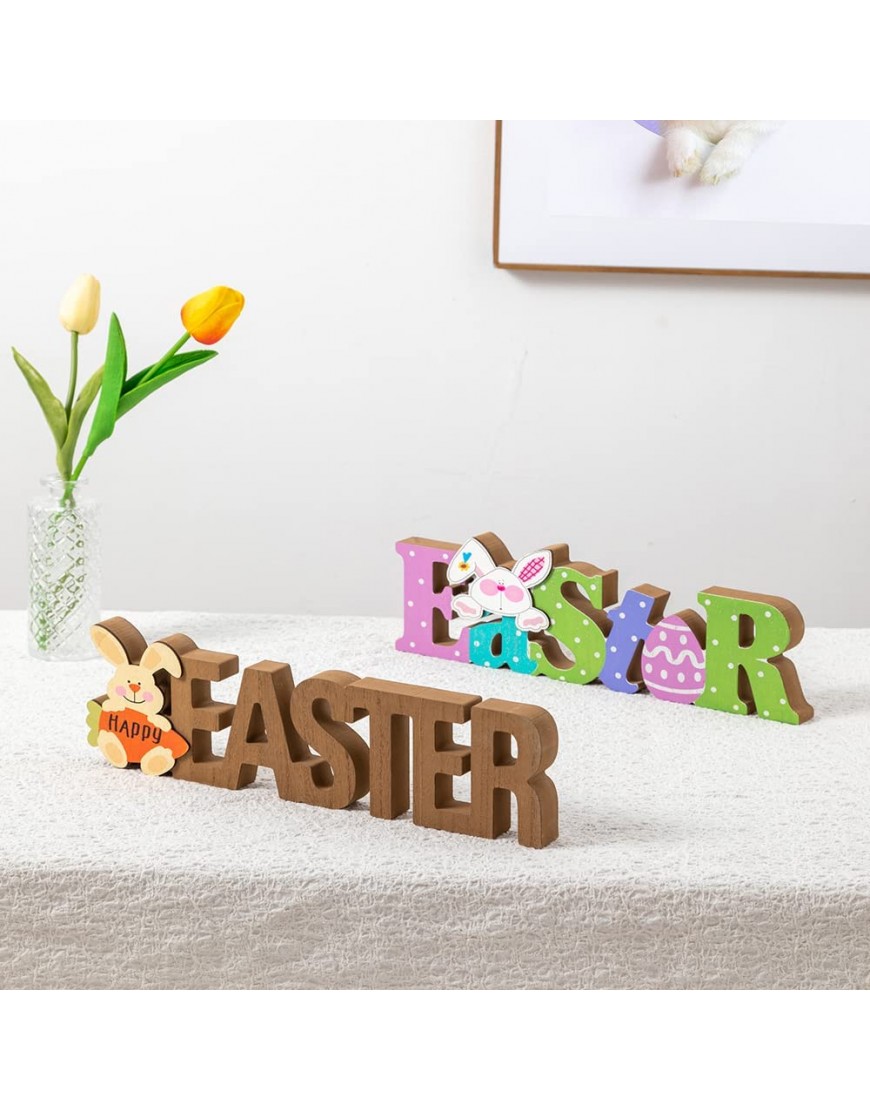 Easter Decorations for the Home hogardeck 2 pcs Rustic Happy Easter Wood Sign Colorful Wooden Block Signs Table Centerpiece Farmhouse Easter Bunny Eggs Decor for Party Fireplace Tiered Tray Office