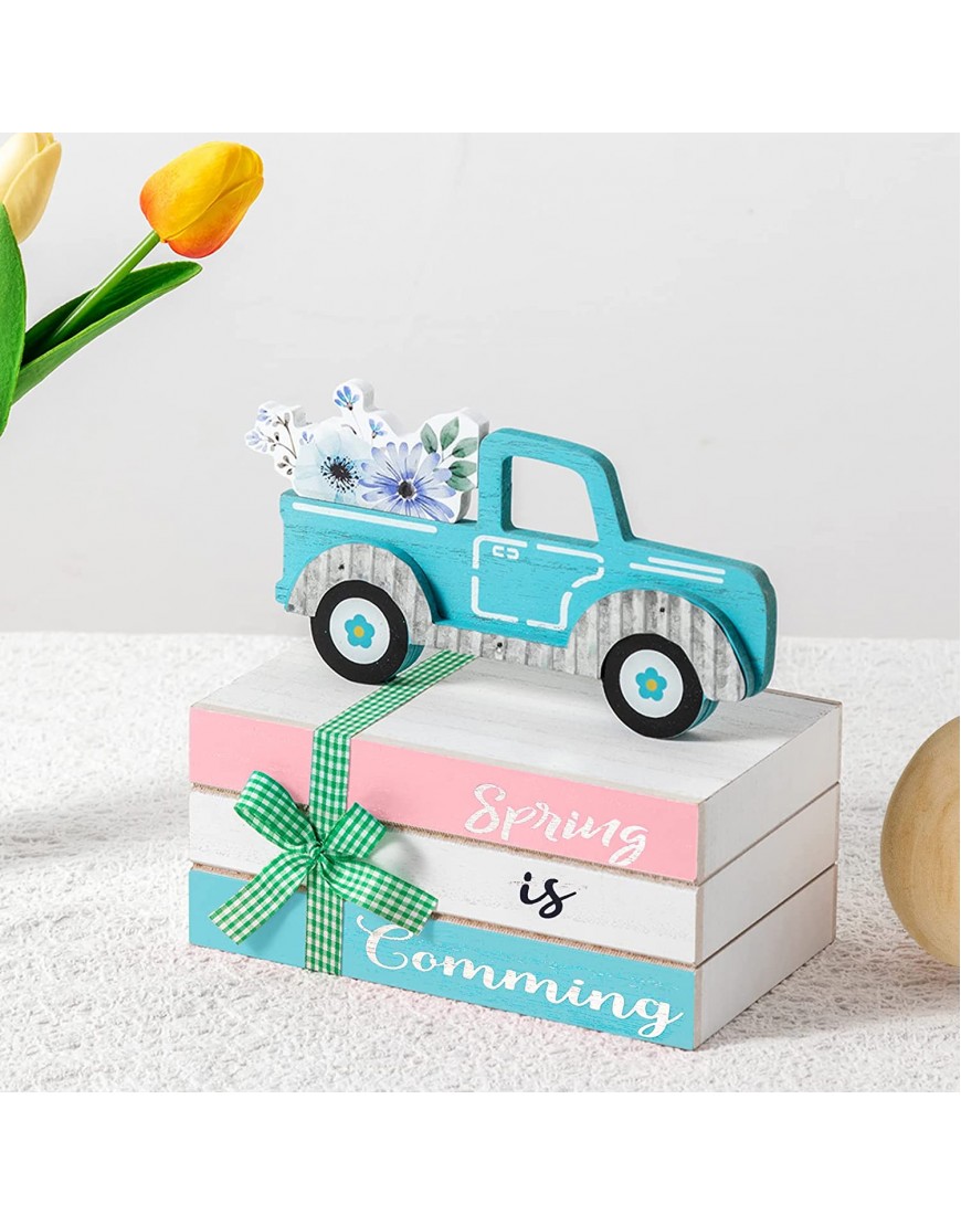 Easter Decorations for the Home hogardeck Rustic Wood Faux Decorative Book Stack Spring Is Coming Blue Truck Flower Wooden Block Sign Farmhouse Easter Table Spring Decor for Tiered Tray Fireplace Party Tabletop