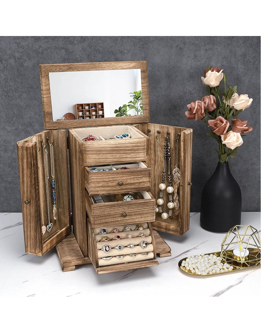 Emfogo Jewelry Box for Women Rustic Wooden Jewelry Boxes & Organizers with Mirror 4 Layer Jewelry Organizer Box Display for Rings Earrings Necklaces Bracelets Rustic Brown