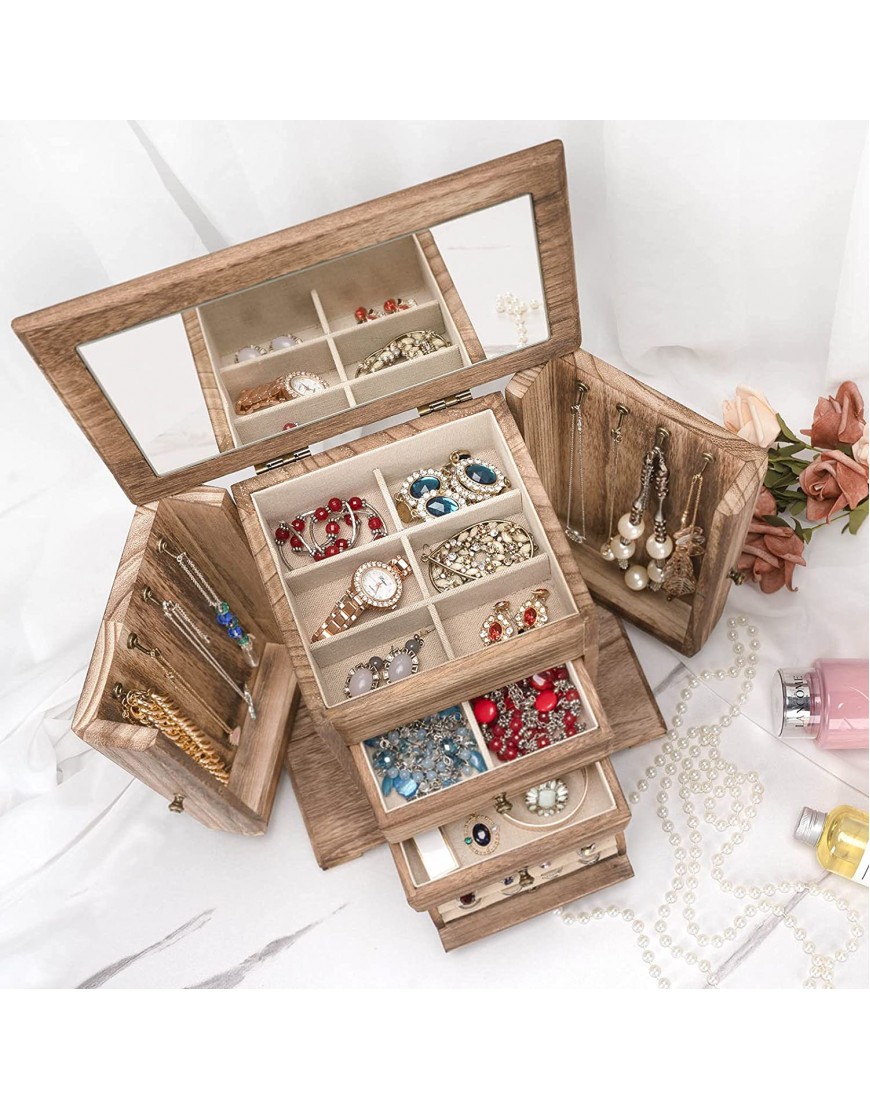 Emfogo Jewelry Box for Women Rustic Wooden Jewelry Boxes & Organizers with Mirror 4 Layer Jewelry Organizer Box Display for Rings Earrings Necklaces Bracelets Rustic Brown