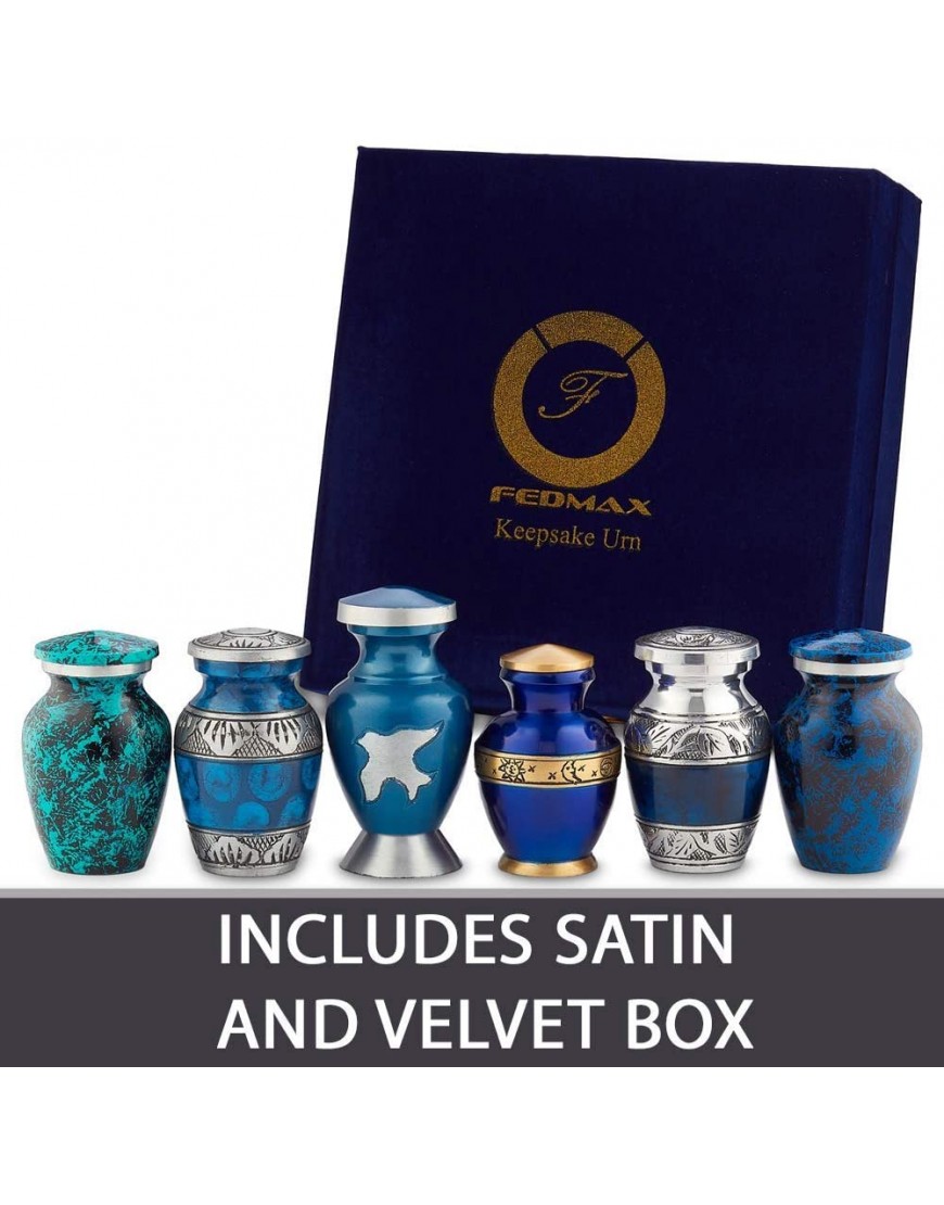 Fedmax Small Urns for Human Ashes Adult Male or Female Set of 6 Blue Decorative Urns Cremation Keepsakes with Velvet Box Memorial Urn and Ash Storage